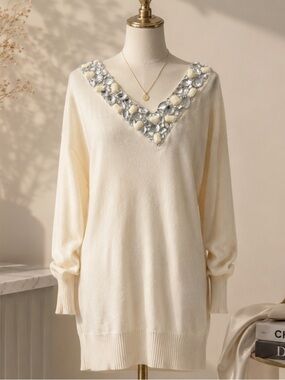 TWIN-SET Simona Barbieri Embellished Cashmere Silk Sweater Dress Tunic Large